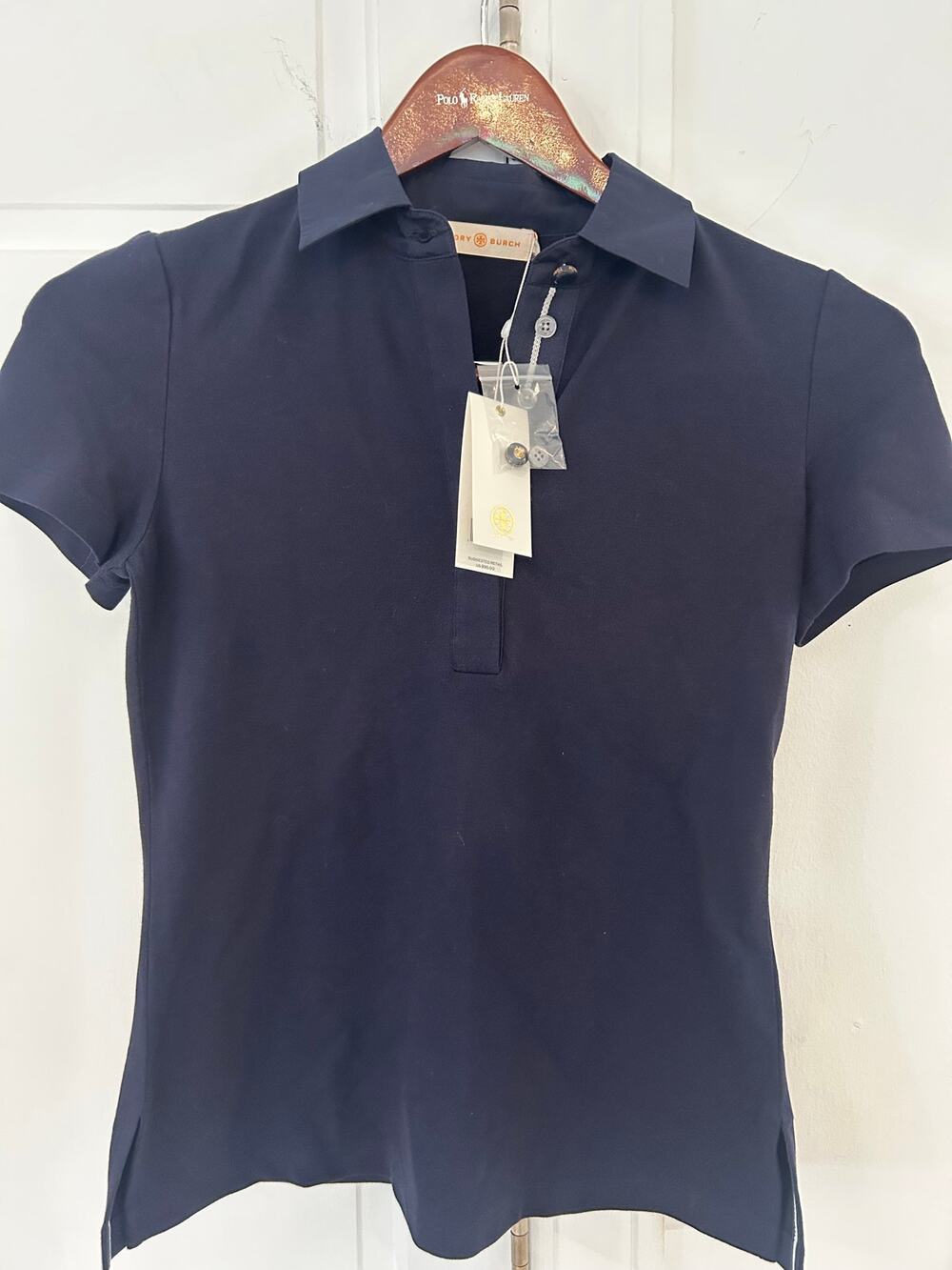 NWT NEW Tory Burch Short Sleeve Polo Top Navy XS MSRP $95
